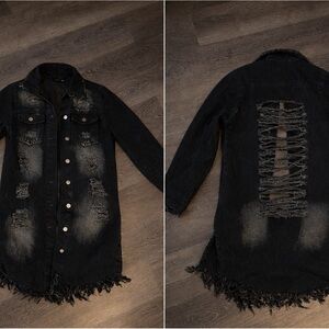 Kenneth Cole Black Distressed Long Denim Jacket
